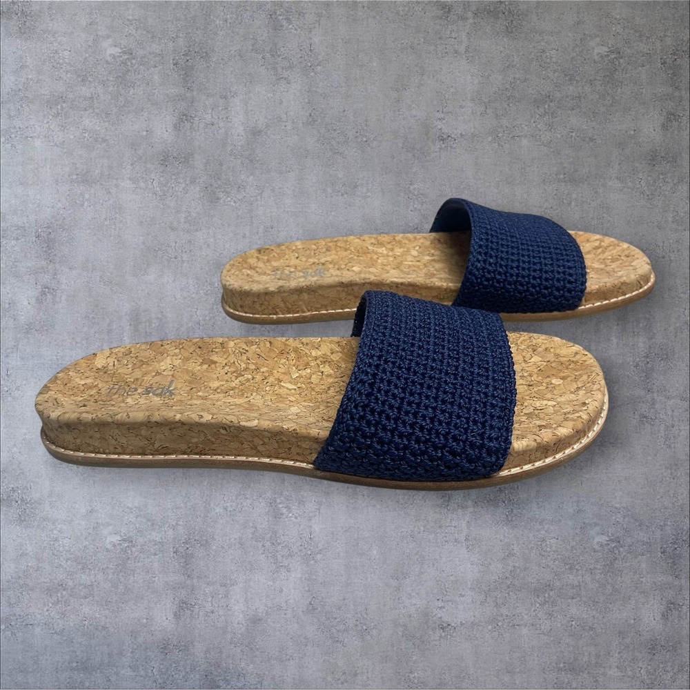 The Sak Mendocino Slide Sandals Womens 9 Blue Crochet Beach Vacation Resort Boho